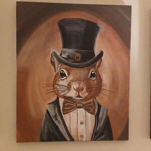 Original Acrylic Painting Signed By Me! Charming Squirrel in Top Hat.